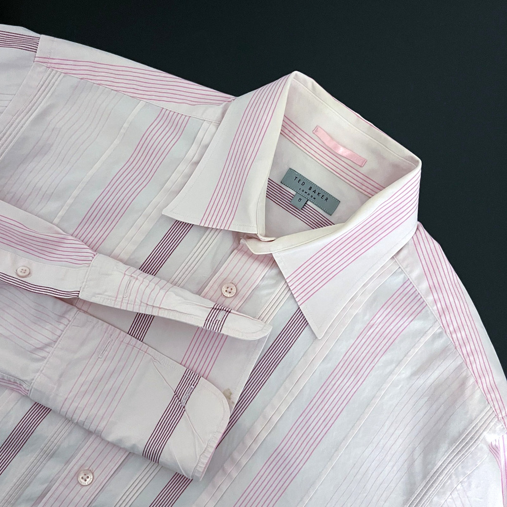 Ted Baker Dress Shirt Mens XL 5 Pink Stripe Button Up Pleated French Cuff Formal